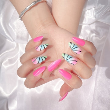 OPOOLA Almond Press on Nails Medium, Multi color printing,OPOOLA Rainbow Jelly Soft Gel Fake Nails for Women Fit Natural,  Stick on Nails Reusable, 24pcs False Nails with Design Glue Art Kit